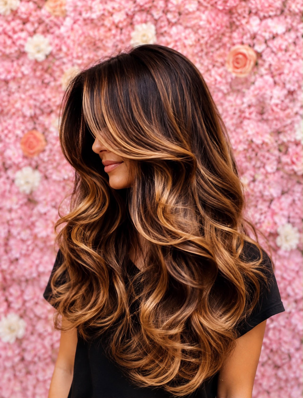 Balayage caramel ondulé sur cheveux longs