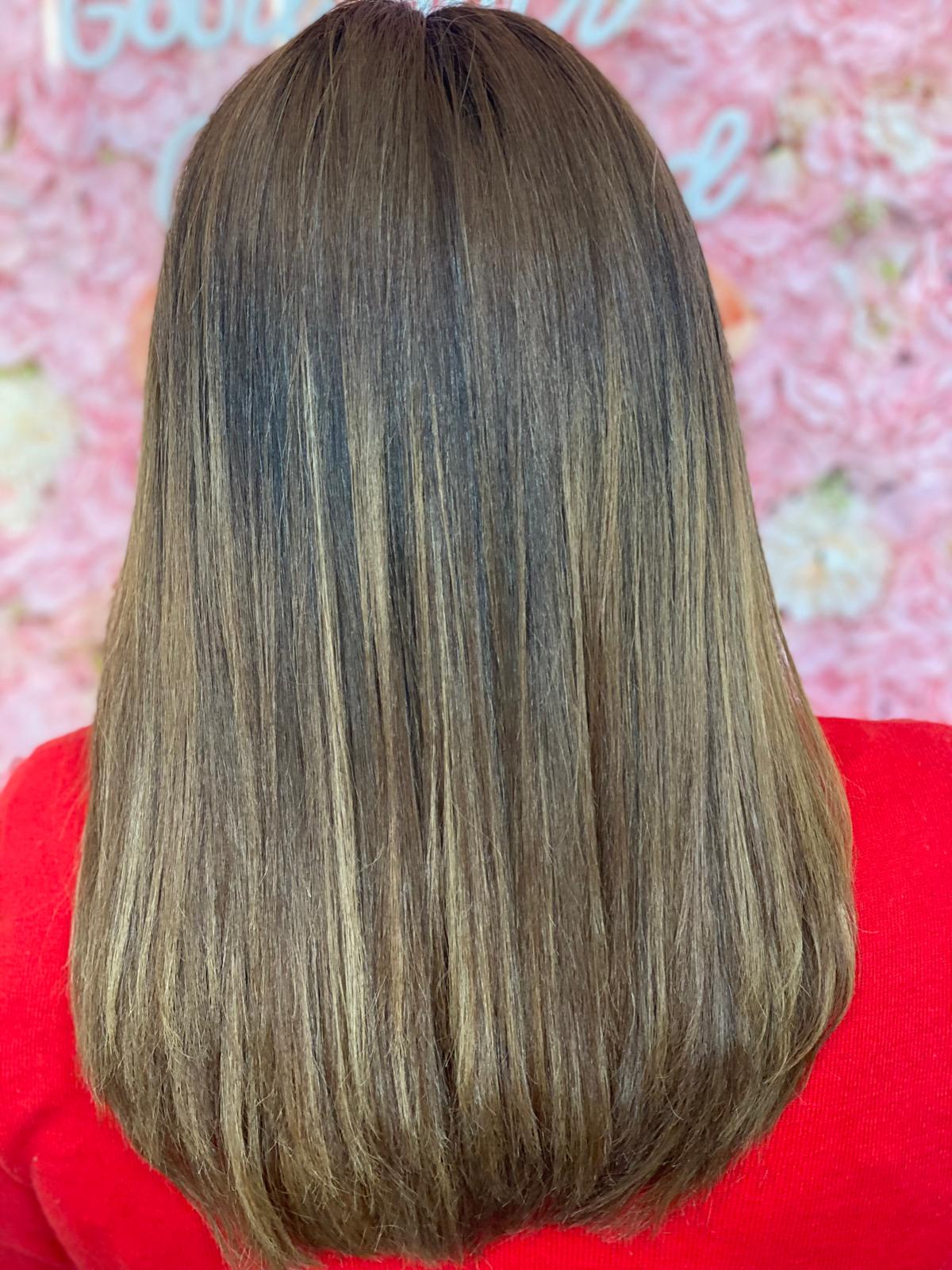 Cheveux châtains lisses et brillants vue de dos