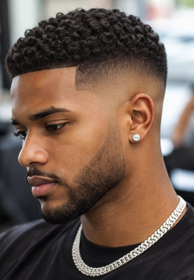 Coupe homme cheveux bouclés avec dégradé haut